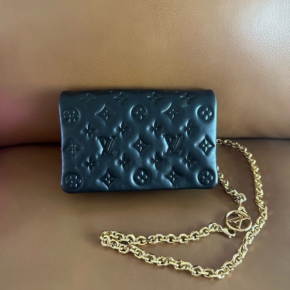 Louis Vuitton Black Monogram Empreinte Small Chain Wallet with Gold Chain